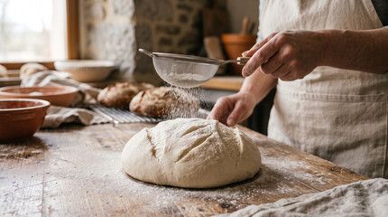 Fototapeta premium Baker dusting bread dough with flour