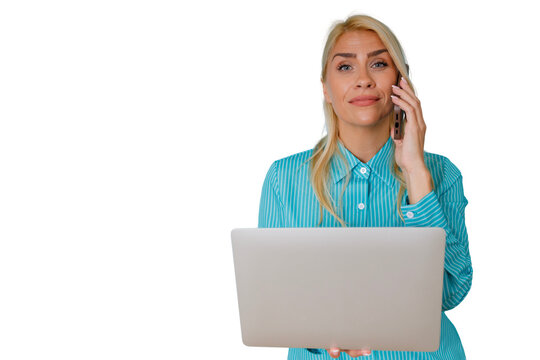 Professional woman talking on a smartphone, holding a laptop, multitasking and working remotely. Business communication concept
