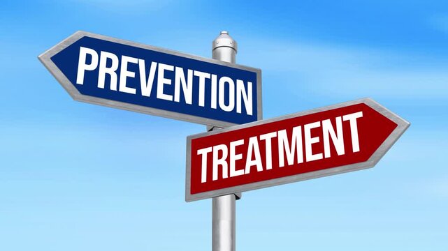 Prevention vs treatment concept with directional signs under blue sky, 4k