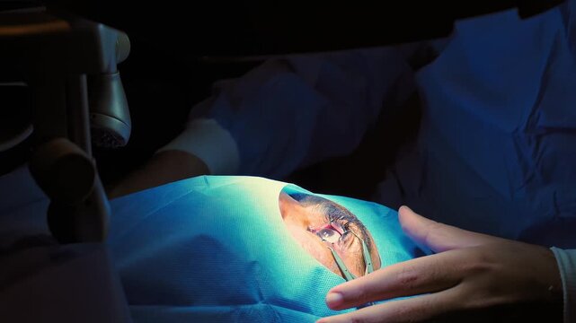 Laser vision correction. A patient and team of surgeons in the operating room during ophthalmic surgery. Eyelid speculum. Lasik treatment. Patient under sterile.Repositioning of the lasik corneal flap