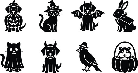 Obraz premium Set of Black Cute Halloween Animal Silhouette Icons with Dog Cat Rabbit Crow and Hamster in Costume for Kids Design