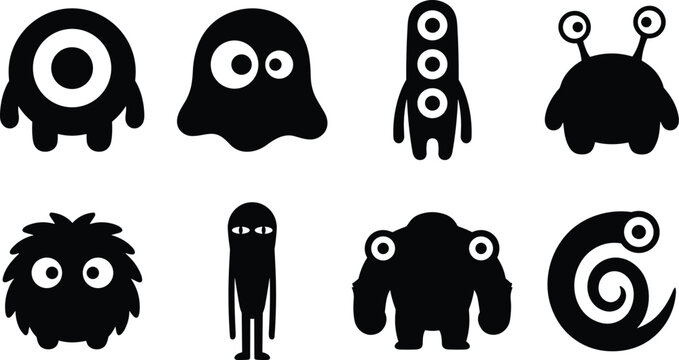 Set of Black Cute Monster Silhouette Icons with Alien Creature Cyclops Ghost and Fuzzy Character Design for Kids and Halloween