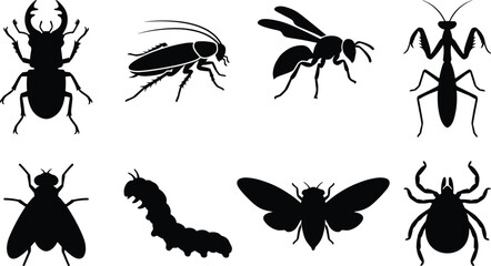 Obraz premium Set of Black Insect Silhouette Icons Including Beetle Cockroach Wasp Mantis Fly Caterpillar Cicada and Tick for Nature Design