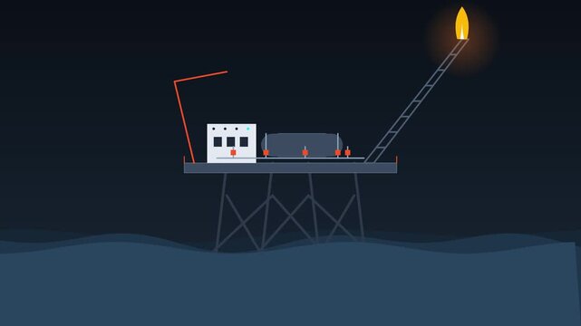 Minimalist flat vector animation of an offshore oil rig platform with a burning gas flare at night over ocean