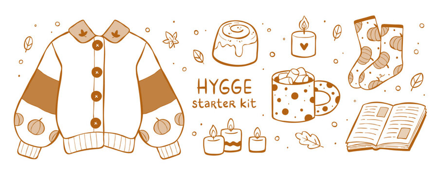 Hand-drawn vector collection of a Hygge starter kit with cute cardigan, cinnamon roll, candles, mug with cocoa, socks, and book. Design for stickers, web banner, print. Line art clipart set. 