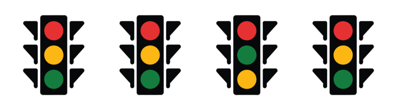 Colored traffic light icon collection with filled semaphore symbols, road signal indicators, and modern vector transportation icons for navigation apps, websites, user interface, maps and public safet
