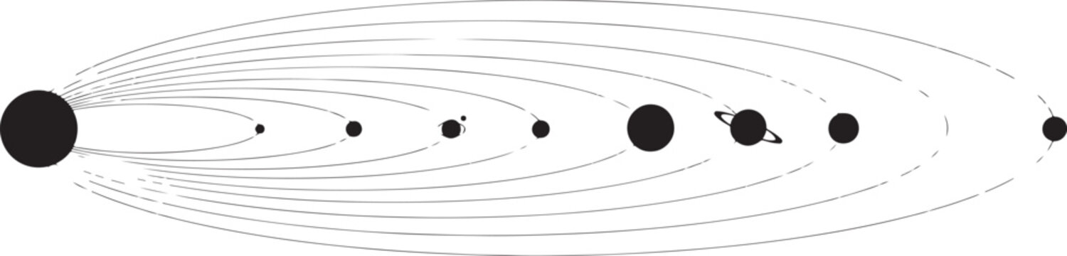 Simple black and white line diagram showing the solar system with planets orbiting the sun in elliptical paths on a white background