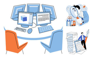 Naklejka premium Office desk with computer monitors and professional tasks vector illustration. Business management, remote work, data analysis, project planning, corporate strategy, digital workflow. Workplace setup