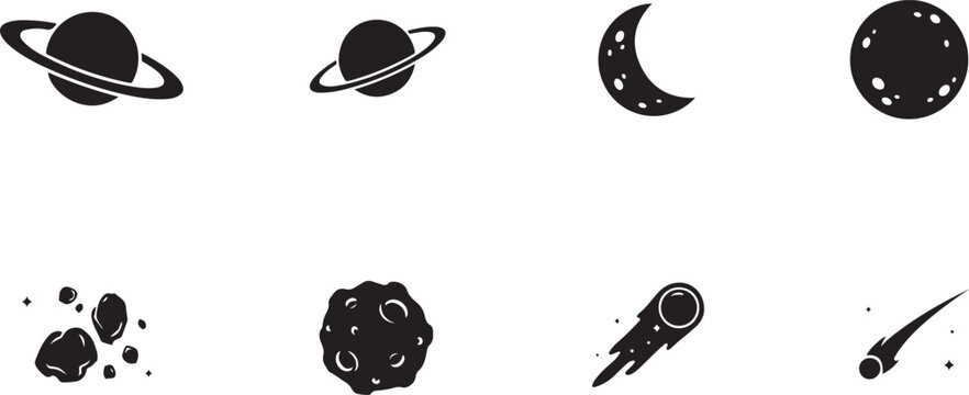 Collection of black silhouette space including planets with rings, moons, asteroids, and comets isolated on a white background set