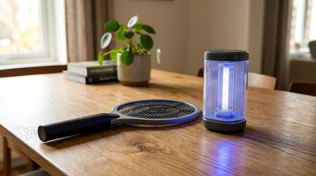 Electric insect zapper and fly swatter on a wooden table at home