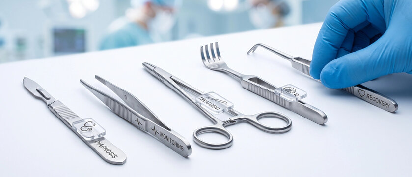 Medical surgical instruments with labels for diagnosis, monitoring, treatment, and recovery isolated on white background