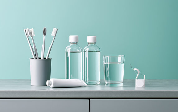Essential dental care tools stand on bathroom counter. White toothbrushes in ceramic cup pair with toothpaste tube plus mouthwash bottles.