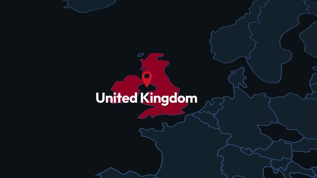 United kingdom map with location pin, europe highlighted in red, dark background, geographical video illustration, 4k animation.