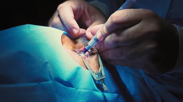 Laser vision correction. A patient and team of surgeons in the operating room during ophthalmic surgery. Eyelid speculum. Lasik treatment. Patient under sterile.Repositioning of the lasik corneal flap
