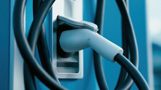 A close up view of an electric vehicle charging station plug connected to a blue charging port for sustainable energy transport
