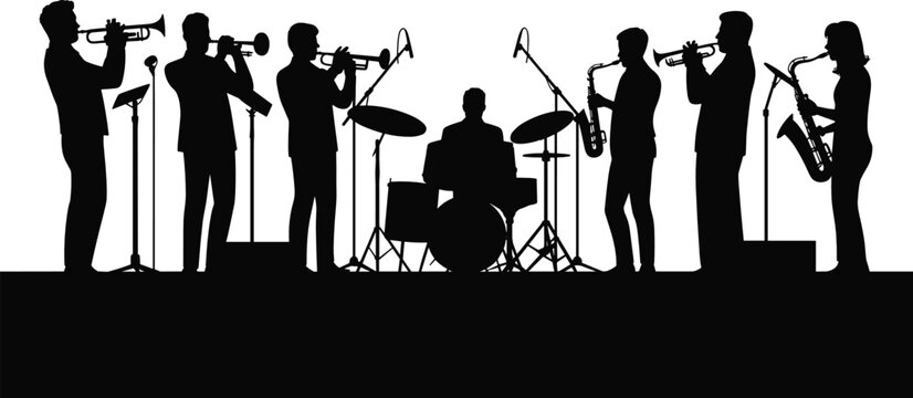 Jazz band musicians silhouettes vector set featuring musical concert performers playing trumpets saxophone drums on stage live show