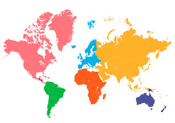 Colorful World Map with Political Boundaries and Continents