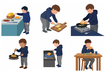 Flat vector illustration of a young boy preparing, cooking, and eating a grilled cheese sandwich in a step-by-step sequence