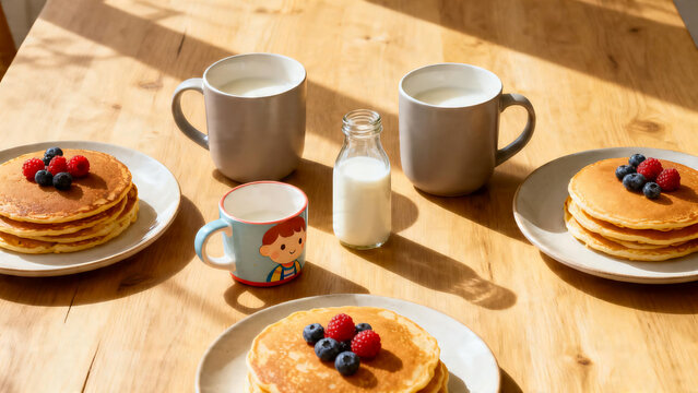 Minimalist family breakfast table setting for three