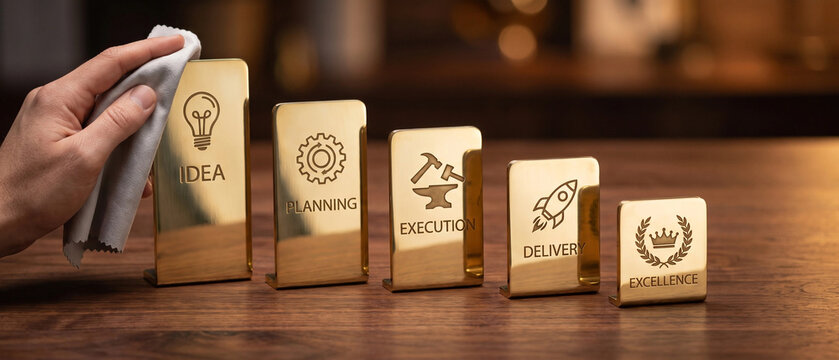 Business process concept with golden plates showing stages from idea to excellence on a wooden table