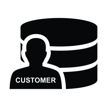 Customer database icon, black silhouette user profile with server storage, client data management vector illustration