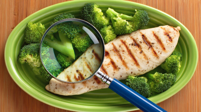 down view of a ceramic plate containing a grilled chicken breast and broccoli. A magnifying glass lies on top of the chicken enlarging a microscopic texture of a wall or shield representing 