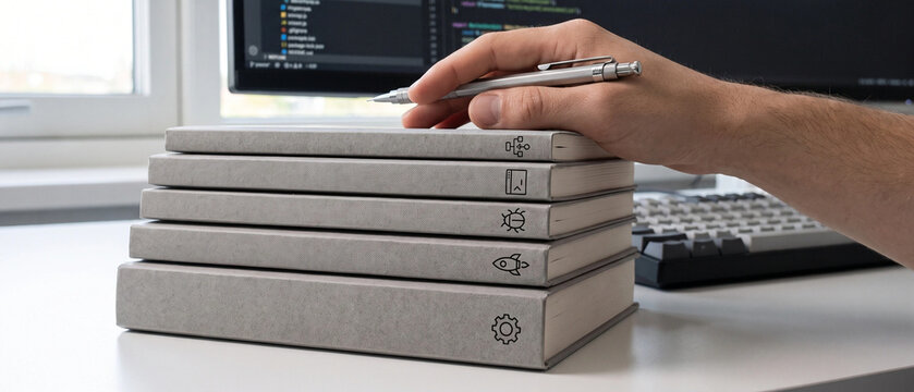 A stack of grey notebooks with software development icons on a desk in a modern office with a computer in the background