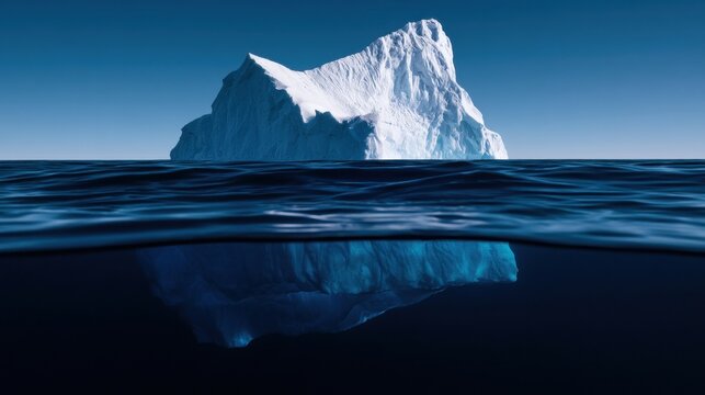 A massive iceberg floats in deep blue ocean water with a split view showing the submerged section. This symbolizes hidden challenges and metaphorical depth.