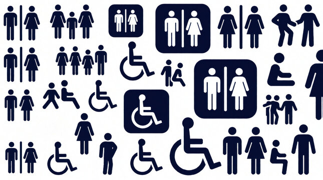 Collection of inclusive restroom and accessibility symbols. Icons show men women children disabled people plus baby changing stations for universal public facility navigation guidance.