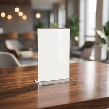 Blank vertical acrylic table tent sign mockup standing on a wooden restaurant table in a blurred interior