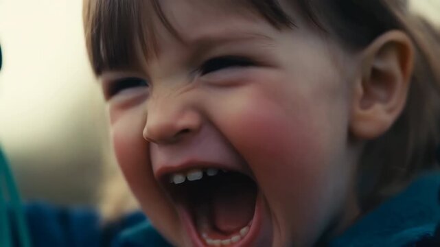 Young child laughing on swing in close view with mouth open, flushed cheeks, squinted eyes, metal chain detail, joyful outdoor play expression, with child, laughing, laughter, smile detail