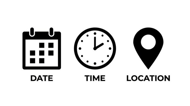 Minimalist black icons representing calendar date clock time and map pin location on white background
