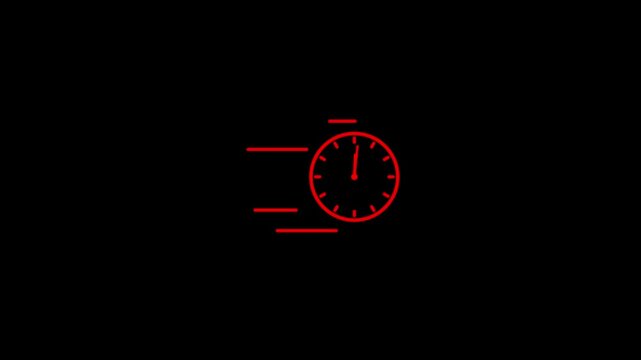 Red line icon of a clock with motion lines on a solid black background. Motion Graphic concept. animation