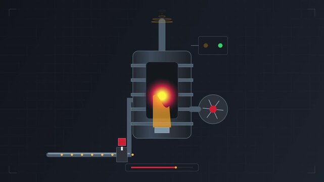 Animated industrial vector graphic showing a furnace heating materials on a conveyor belt within a dark digital interface
