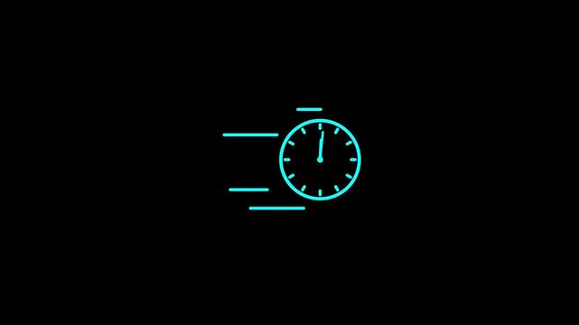 Cyan line icon of a clock with motion lines on a solid black background. Motion Graphic concept. animation