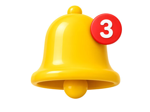 Yellow notification bell icon, 3 new messages alert, digital reminder symbol isolated on Transparent Background