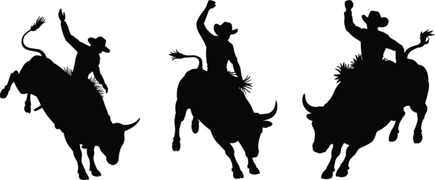 Cowboy bull riding silhouette vector icon set isolated on white background for rodeo sport competition extreme western ranch logo design element template