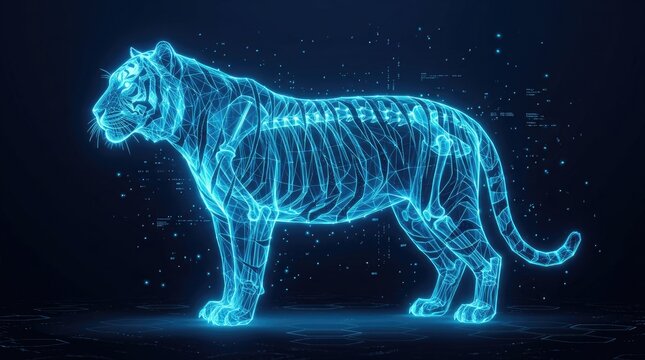 Digital tiger skeleton glowing with blue wireframe network lines against a dark abstract technology background