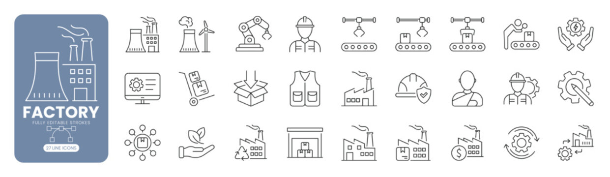 Factory and industrial manufacturing web line icon set featuring production plants, automation, engineering, workers, and sustainable manufacturing concept. Editable stroke