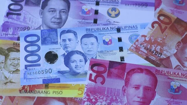 Philippines, Philippine peso banknotes and coins as a medium of trade and exchange. Philippine peso currency as a background for your design