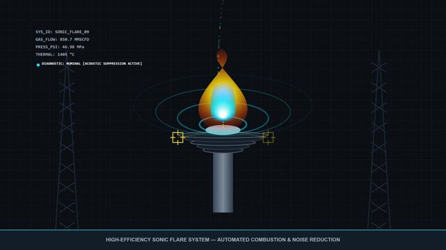 Digital HUD interface displaying real-time data for a high-efficiency sonic flare system in industrial energy production