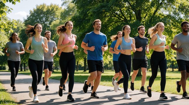 Diverse group of happy people run together along sunny green park path. Smiling friends enjoy outdoor cardio workout during morning training. Men, women athletes jog on urban trail for healthy active