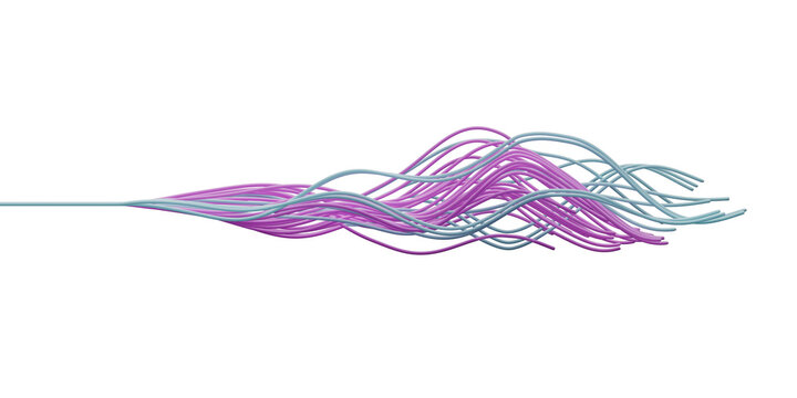 Abstract 3D graphic featuring fine wavy magenta and light blue threads that split and fan out horizontally. Smooth intertwined strands create a futuristic flowing element on a transparent background.