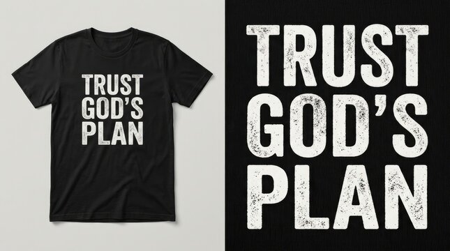 Black t-shirt featuring white distressed typography that displays the inspirational religious phrase trust god's plan clearly
