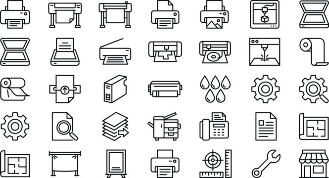 Printing and office equipment line icon set featuring printer, plotter, scanner, copier, blueprint, maintenance, supplies, and editable stroke vector collection