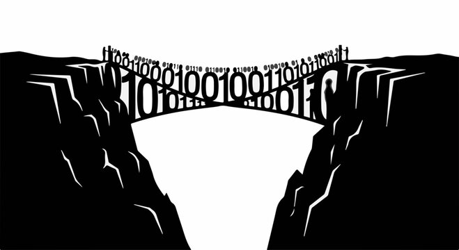 Digital bridge formed by binary code connects two cliffs, symbolizing data transfer and connection.