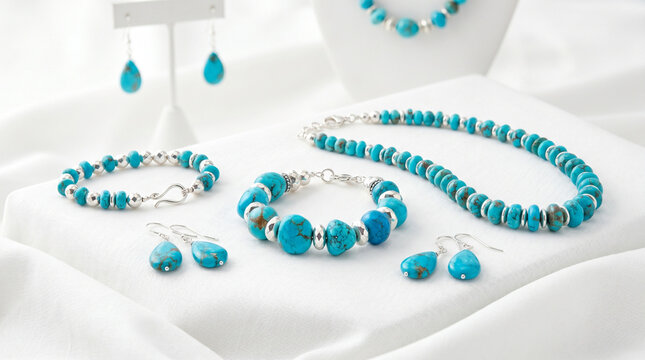 Turquoise jewelry with silver beads displayed on a white background