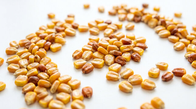 Dried corn maize kernels scattered on a white surface