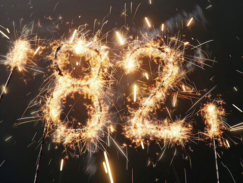 Close-up, 82 text amidst bursting fireworks, light and shadow atmosphere, high-tech aesthetics, firework sticks A dynamic, celebratory scene with vibrant, scattering sparkling firework - AI-Generated