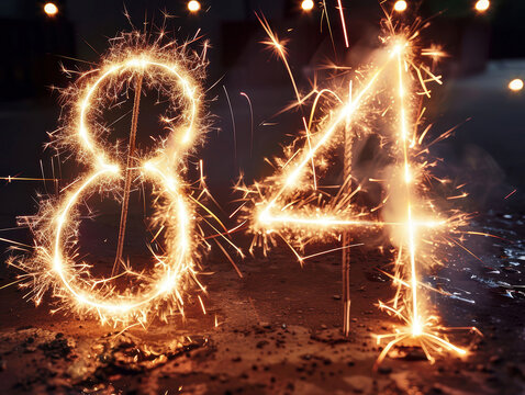 Close-up shot of arranged sparklers forming 84 on dark background, emitting warm glow from tips, festive atmosphere with flying sparks, fireworks sticks - AI-Generated
